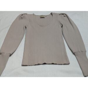 ELIE ELIE TAHARI Puff Sleeve Ribbed Slimming Pullover Top‎ Sweater SMALL Beige